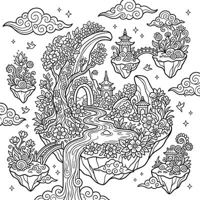 Dive into a wondrous spring landscape featuring floating mythical islands adorned with blooming flowers and ancient pagodas. This intricate design invites you to bring a legendary world to vibrant life with your favorite colors.