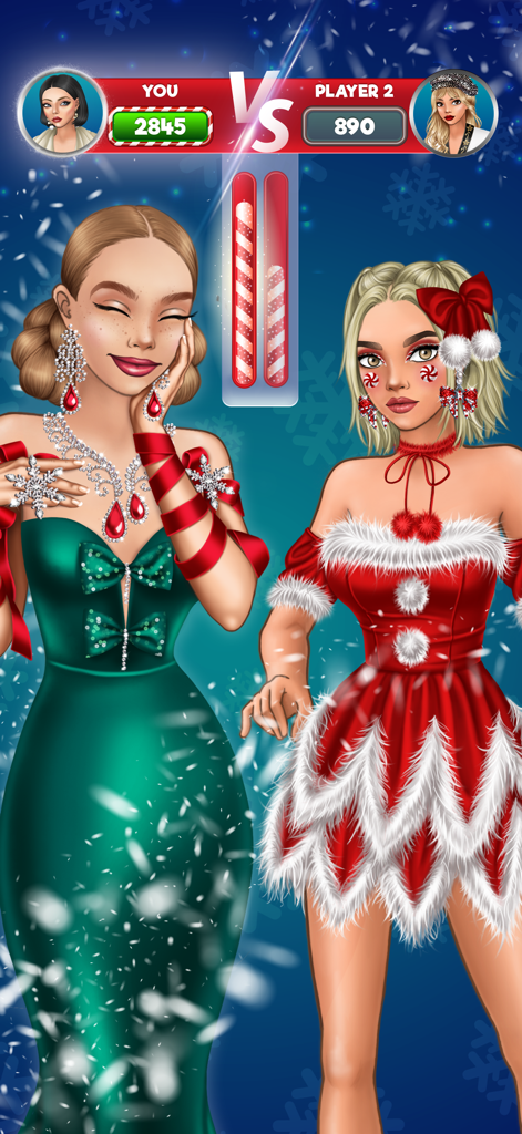 Due avatar di moda competono in una battaglia di stile a tema invernale all'interno del gioco mobile Lady Popular.