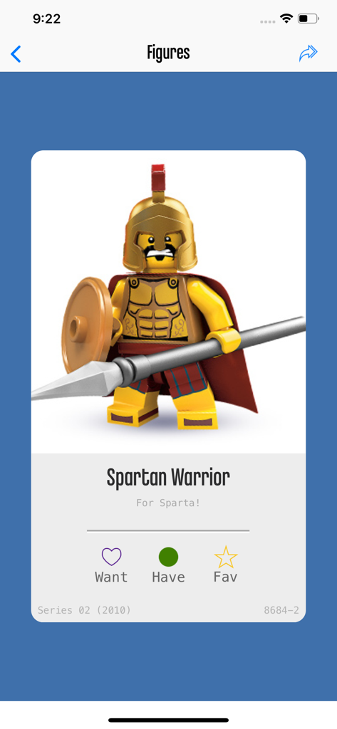 Detailed view of the Spartan Warrior LEGO minifigure in the Minifig Collector app showing collection status options.
