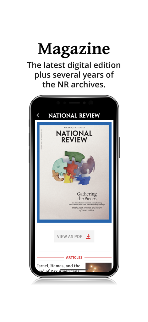 Un écran de smartphone affichant la couverture du magazine National Review et l'accès aux archives numériques