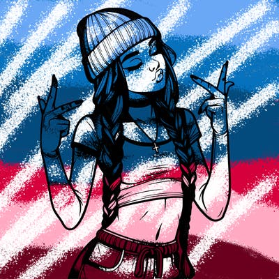 realistic teenage girl with braids and a beanie and crop top doing 🫶🏼