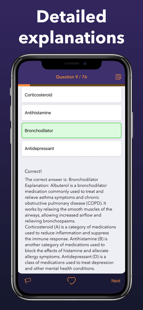 PTCB & PTCE Test Prep 2026 - A screenshot of the PTCB test prep app showing a practice question with multiple choice options and a detailed explanation for the correct answer.