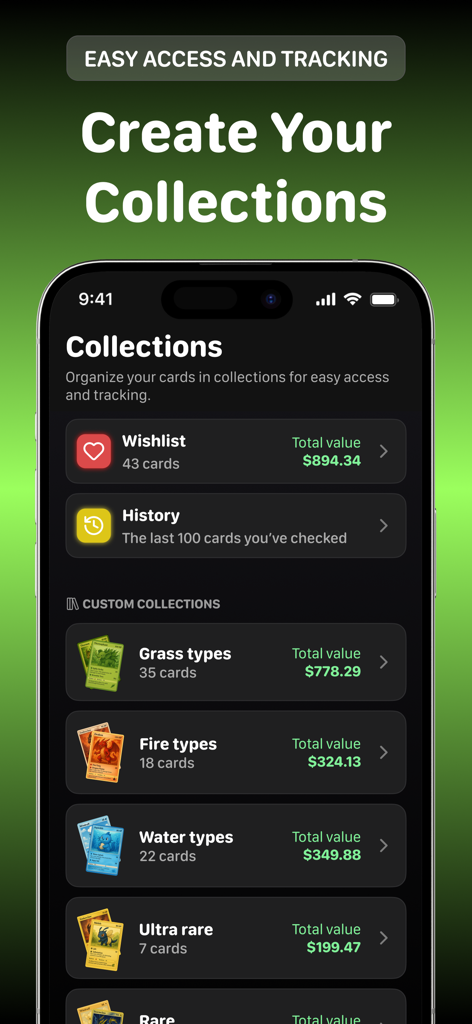 Pricedex 앱의 모바일 화면으로, 시장 가치가 있는 잔디, 불, 물 타입 카드의 정리된 컬렉션을 보여줍니다.