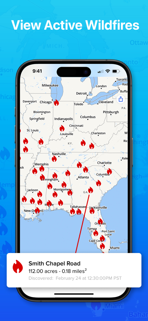 Interfaz de la aplicación móvil que muestra un mapa de incendios forestales activos en los Estados Unidos con alertas detalladas de informes de incendios