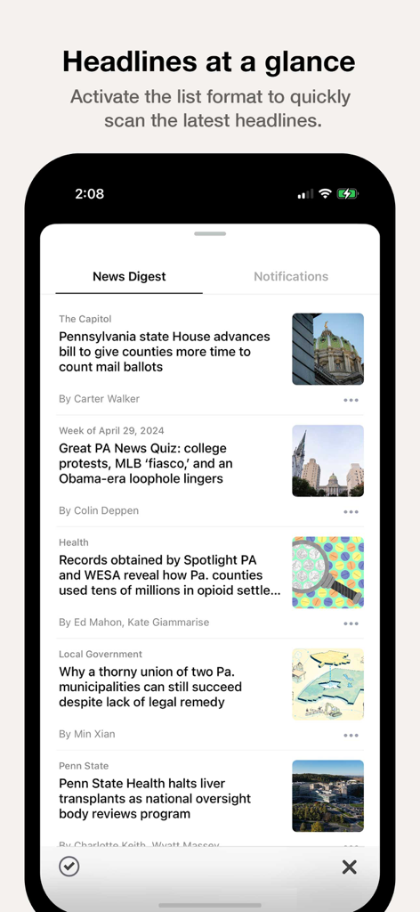 Spotlight PA app displaying a list of Pennsylvania investigative news headlines.
