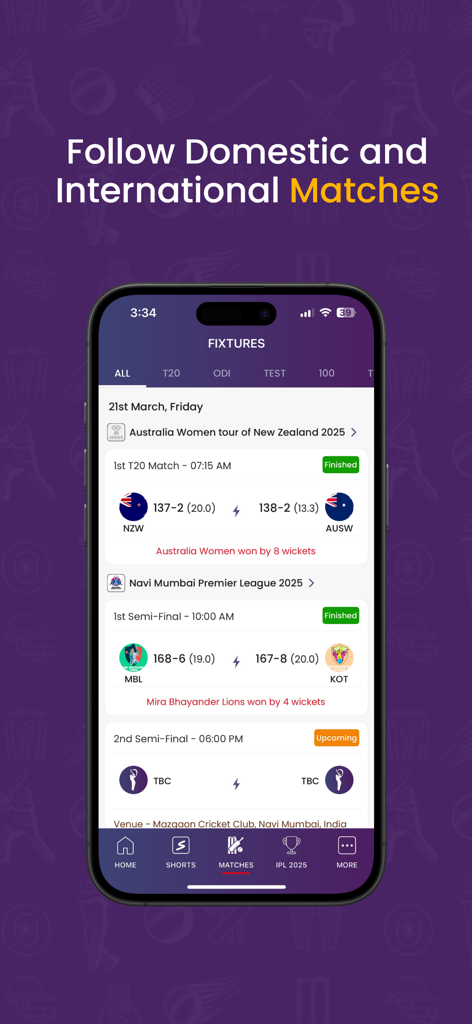 Cricket Guru - Cricket Guru app interface showing upcoming and finished domestic and international cricket match fixtures