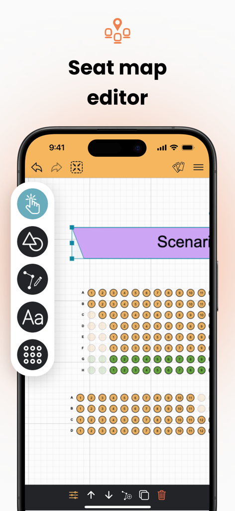 Talonarium - Interfaz del editor de planos de asientos de la aplicación móvil Talonarium para diseñar la distribución del local con rejillas de asientos y áreas de escenario.