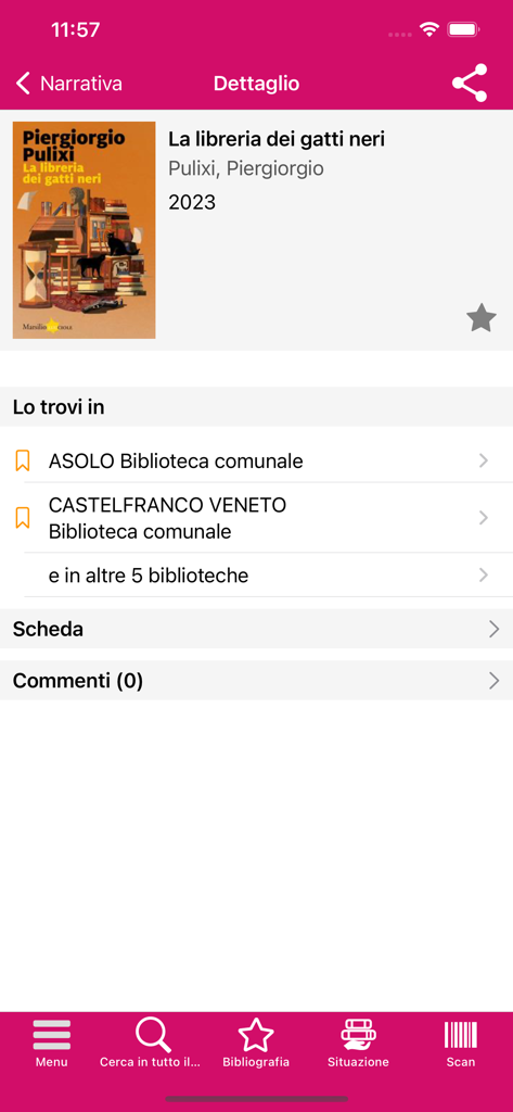 TVB - Dettagli del libro e schermata di disponibilità in biblioteca nell'app TVB.