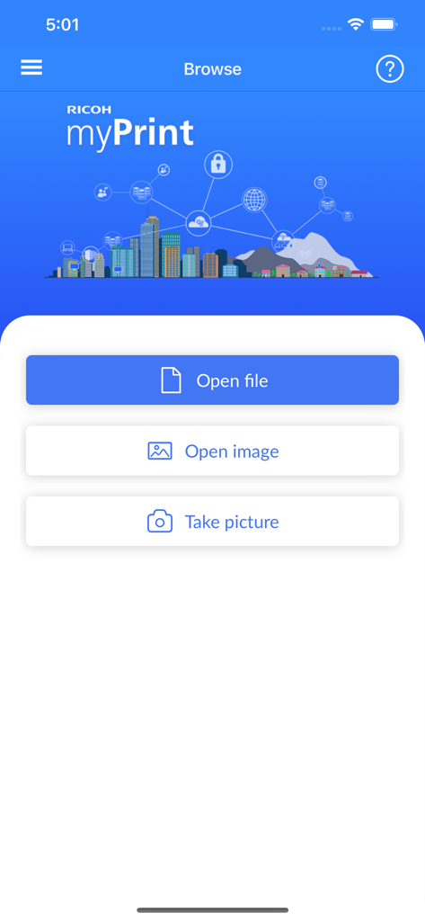 Ricoh myPrint - Interfaccia dell'app Ricoh myPrint che mostra le opzioni per aprire file, immagini o scattare una foto