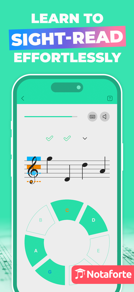 Notaforte: Sight Reading Tutor - Notaforte app interface showing music staff and note selection wheel for sight reading practice