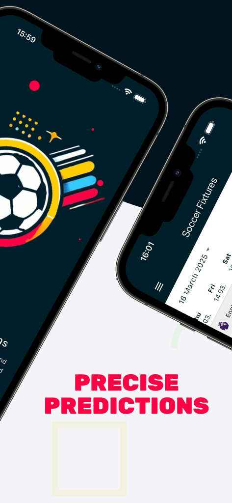 Expert Football Tips - Zwei iPhones, die die App-Oberfläche von Expert Football Tips mit Fußballspielen und der Überschrift Präzise Vorhersagen anzeigen