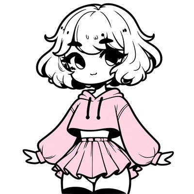 cute femboy with short, fluffy hair that softly frames their face, wearing a cropped hoodie, paired with a flouncy short skirt, and thigh-high stockings