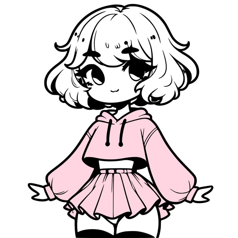 cute femboy with short, fluffy hair that softly frames their face, wearing a cropped hoodie, paired with a flouncy short skirt, and thigh-high stockings