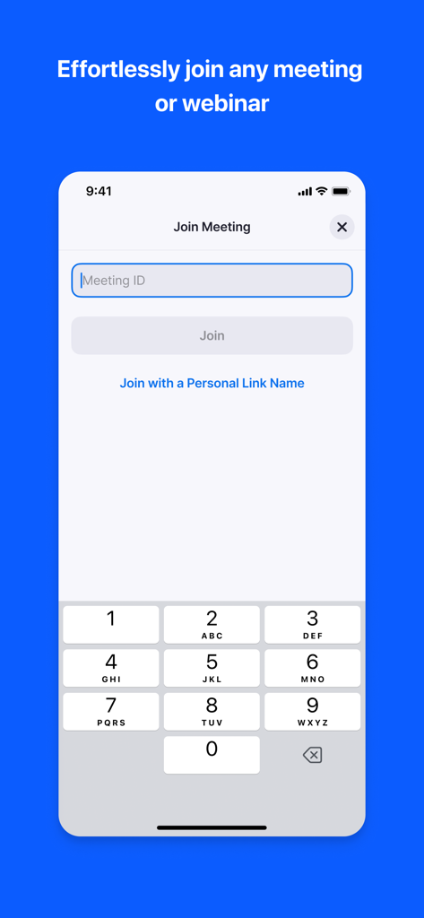 Zoom Rooms mobile application screen showing the join meeting interface with a numeric keypad and meeting ID input field.