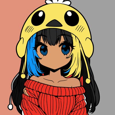 anime girl with chick shaped hat with sweater with bare shoulders with bangs covering them one eye with low tail