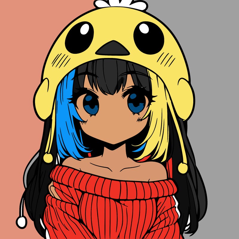 anime girl with chick shaped hat with sweater with bare shoulders with bangs covering them one eye with low tail