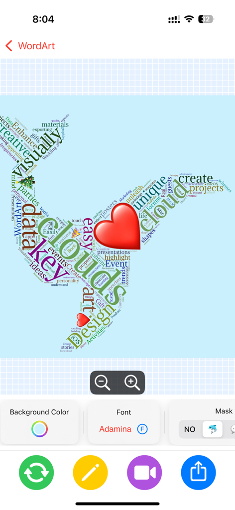 빨간색 하트 이모티콘이 있는 벌새 모양의 단어 구름이 특징인 WordArt 앱의 인터페이스