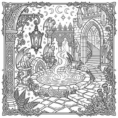 Immerse yourself in a darkly enchanting world with this Gothic Hot Springs coloring page. Featuring intricate architecture, mysterious gargoyles, and steaming waters, it's a unique challenge for adult colorists seeking a touch of fantasy.