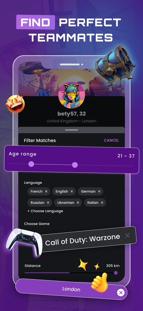 GameTree - Find Gaming Friends - GameTree app screen showing filters for finding teammates by age language and game