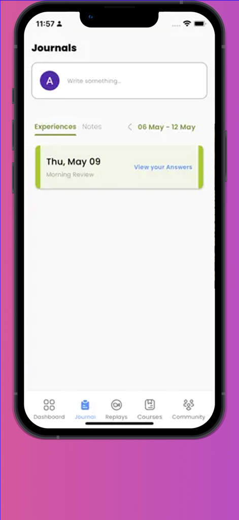 Awetism Insights - Interface of the Awetism Insights app showing the journaling section with an entry for a morning review