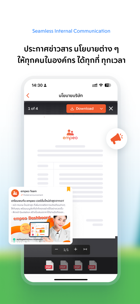 empeo mobile app interface showing internal company announcements and document downloads