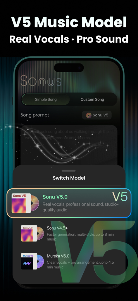 Sonus AI Song Music Generator - Sonus AI app screen displaying music model selection options including the Sonu V5 model for professional audio quality.