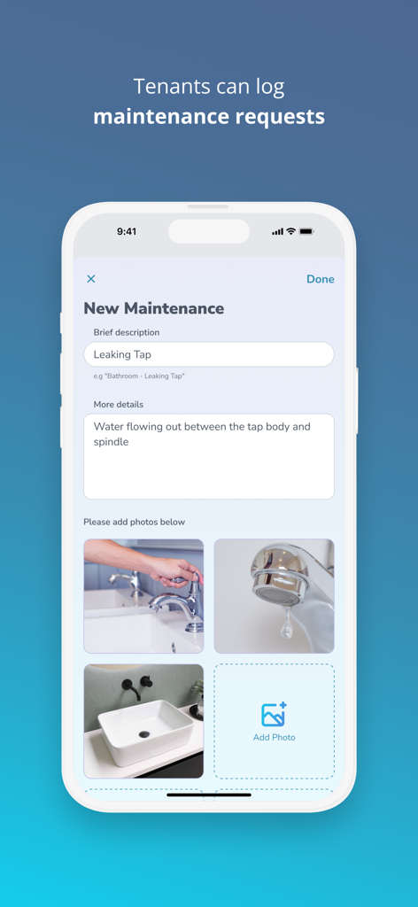 PropertyMe - PropertyMe app interface for tenants to submit maintenance requests with photo attachments