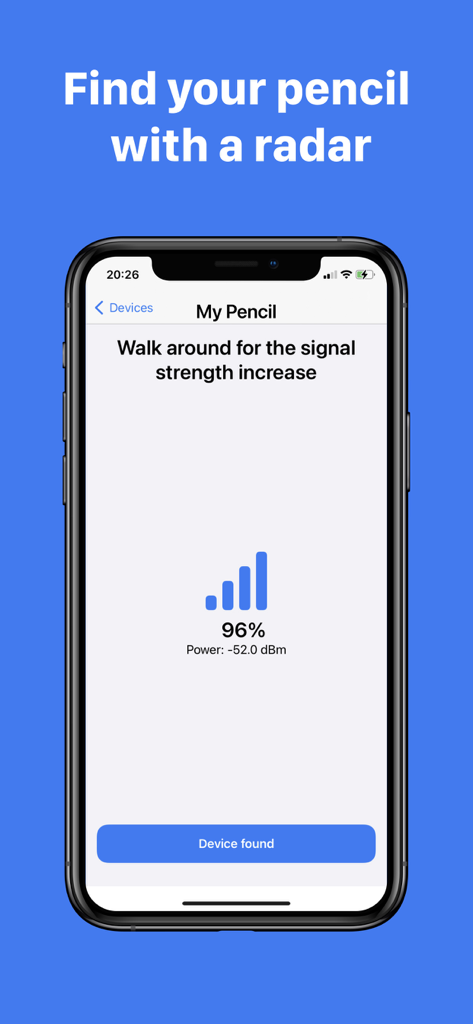 Find My Bluetooth Pencil - 96パーセントの信号強度で紛失したデジタルペンシルを見つけるためのBluetooth信号レーダーを示すiPhone画面
