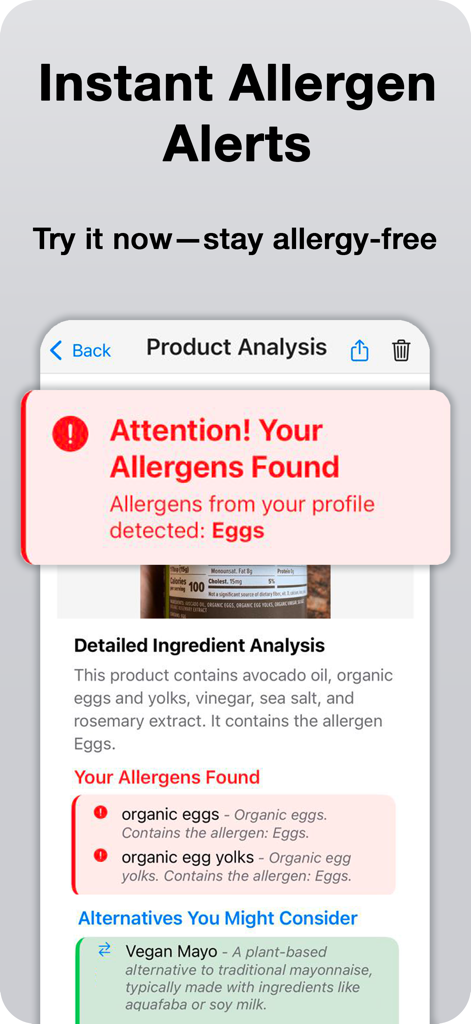 Allergen Test AI - AllerScan - Interfaz de la aplicación AllerScan mostrando una alerta de alérgeno para huevos y sugiriendo una alternativa de mayonesa vegana.