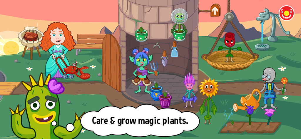 Personajes de fantasía cultivando plantas mágicas en un mundo colorido.