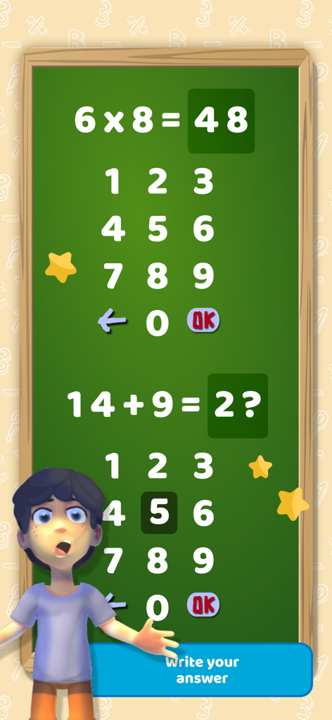 Math Games - 4 Operations - Childrens math game interface showing arithmetic problems on a green blackboard.