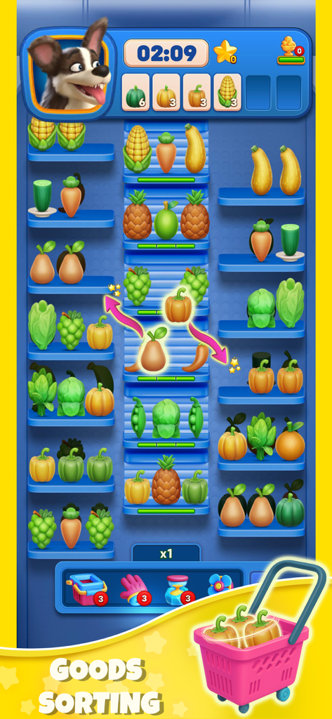 Interfaz del juego móvil Triple Goods Sort donde los jugadores combinan tres tipos de verduras en estantes.