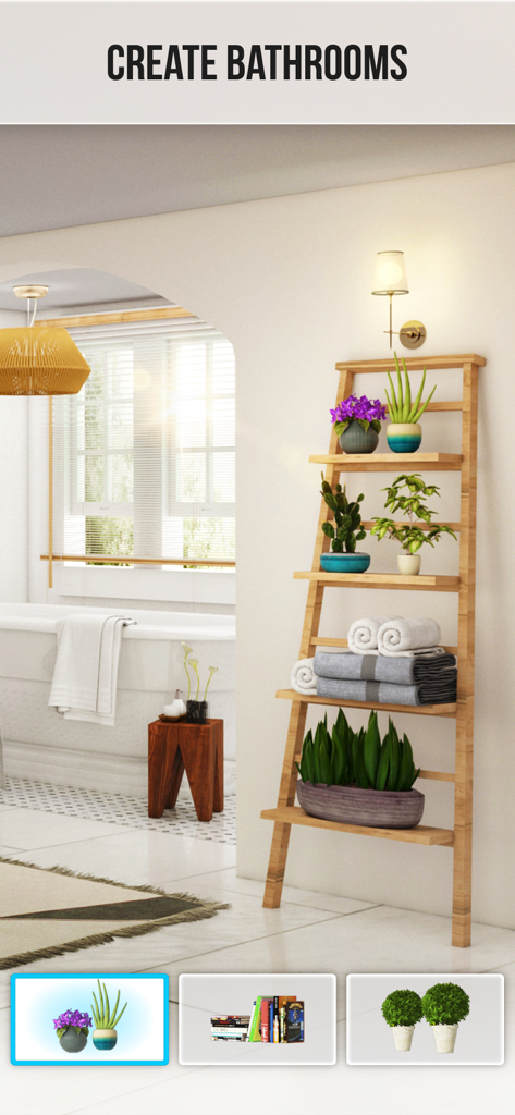 Home Design : Paradise Life - A bright bathroom interior design scene featuring a wooden ladder shelf with potted plants and towels