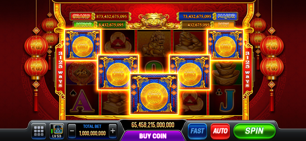 A screenshot of the Vegas Holic casino app featuring an Asian-themed slot machine with red lanterns and gold jackpot prizes