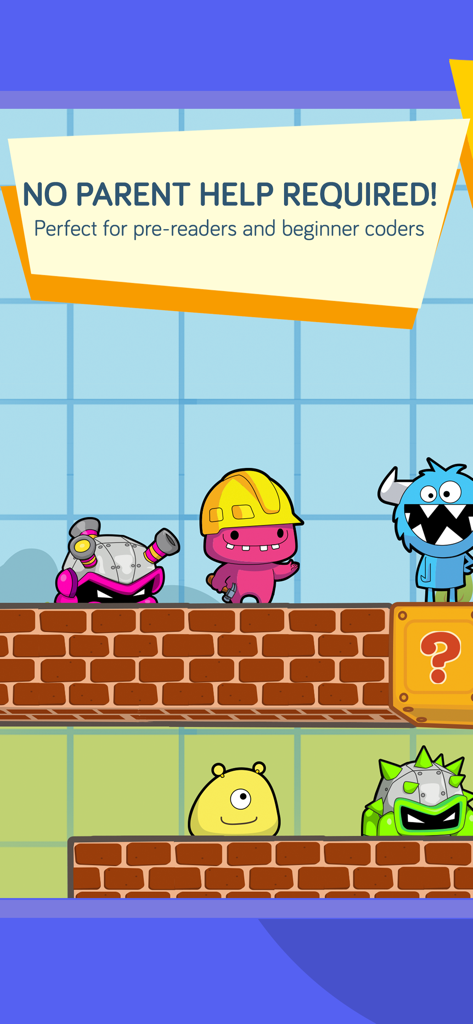 A screenshot of codeSpark app featuring colorful characters and text that says no parent help required for pre-readers and beginner coders.