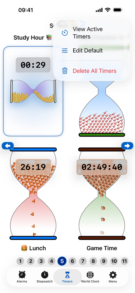 Mojisand: Emoji Sand Timers - The Mojisand app interface showing custom sand timers with emoji sand and a popup menu for active timers.