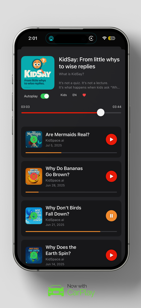 Radio Mania (Sound Hub) - Aplicación Radio Mania que muestra una interfaz de reproductor de podcasts infantiles con episodios educativos e integración con CarPlay.