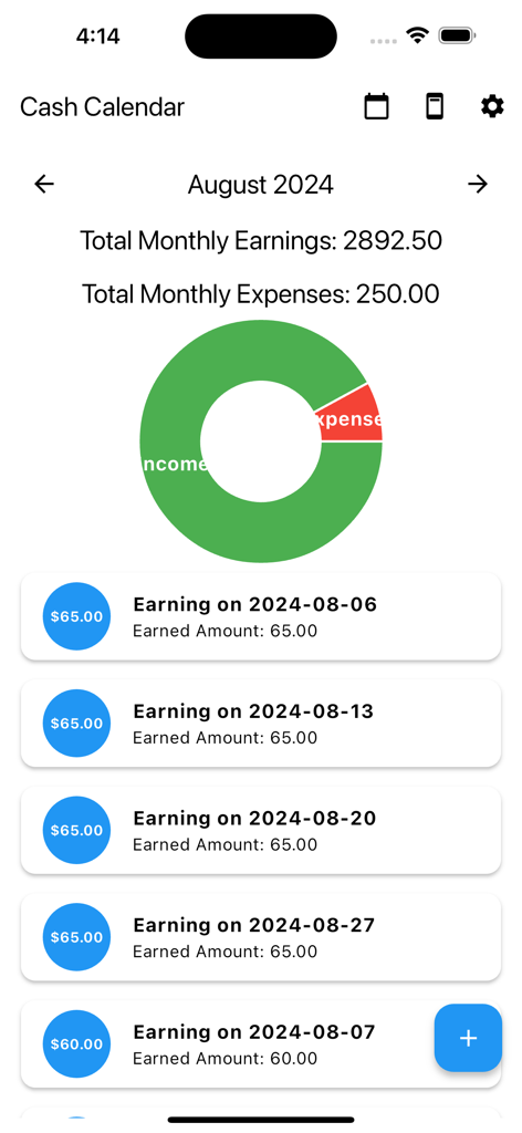 Cash Calendar - Cash Calendar app screen displaying monthly earnings and expenses summary with a visual chart.