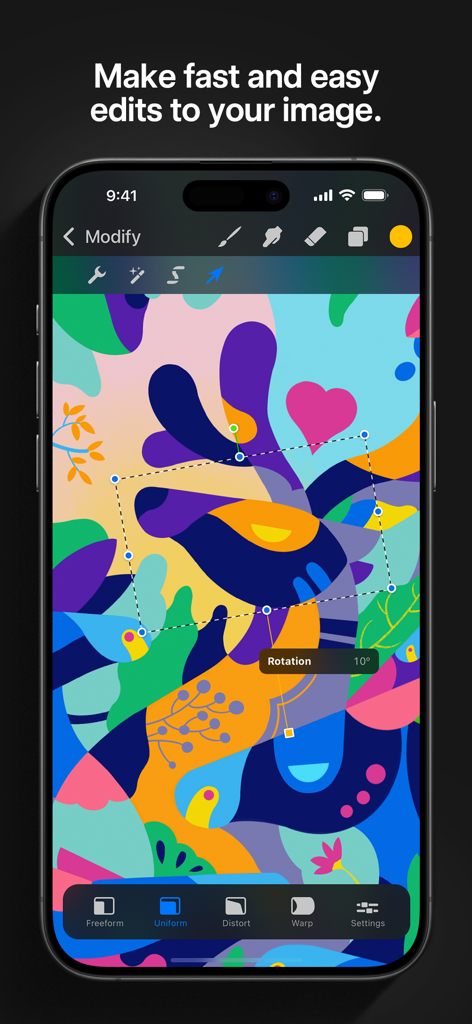 L'application Procreate Pocket présente des outils de rotation et de transformation pour l'art numérique sur un iPhone.