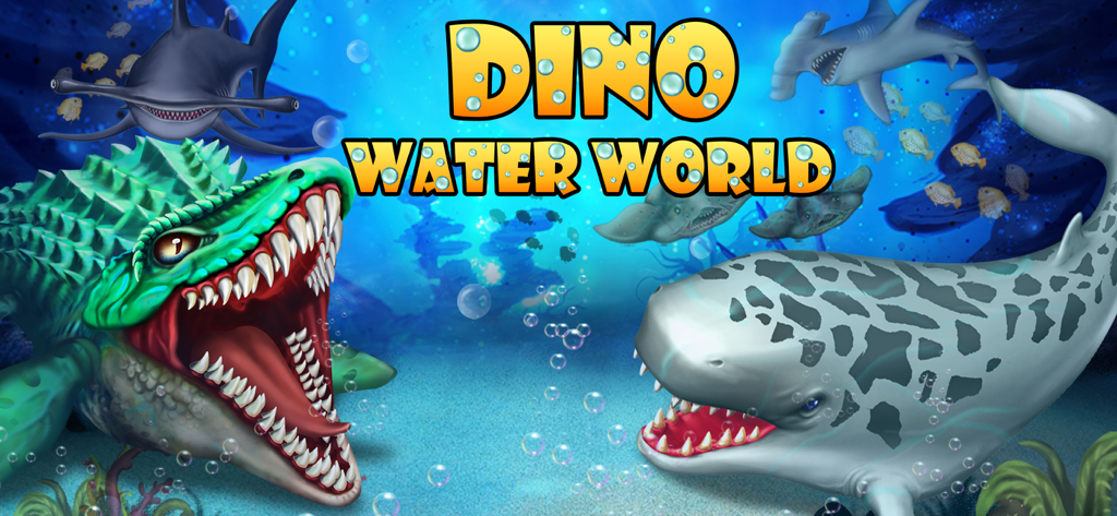 Dino Water World game title featuring prehistoric sea monsters and sharks underwater