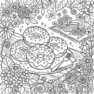 Dive into a charming spring scene featuring delicious chocolate doughnuts ready for your creative touch. This delightful coloring page combines sweet treats with blooming nature for a truly engaging experience.