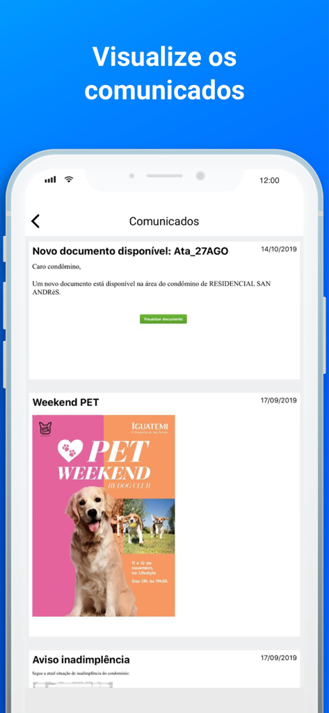 Mobile app interface displaying a list of condominium announcements and community notices
