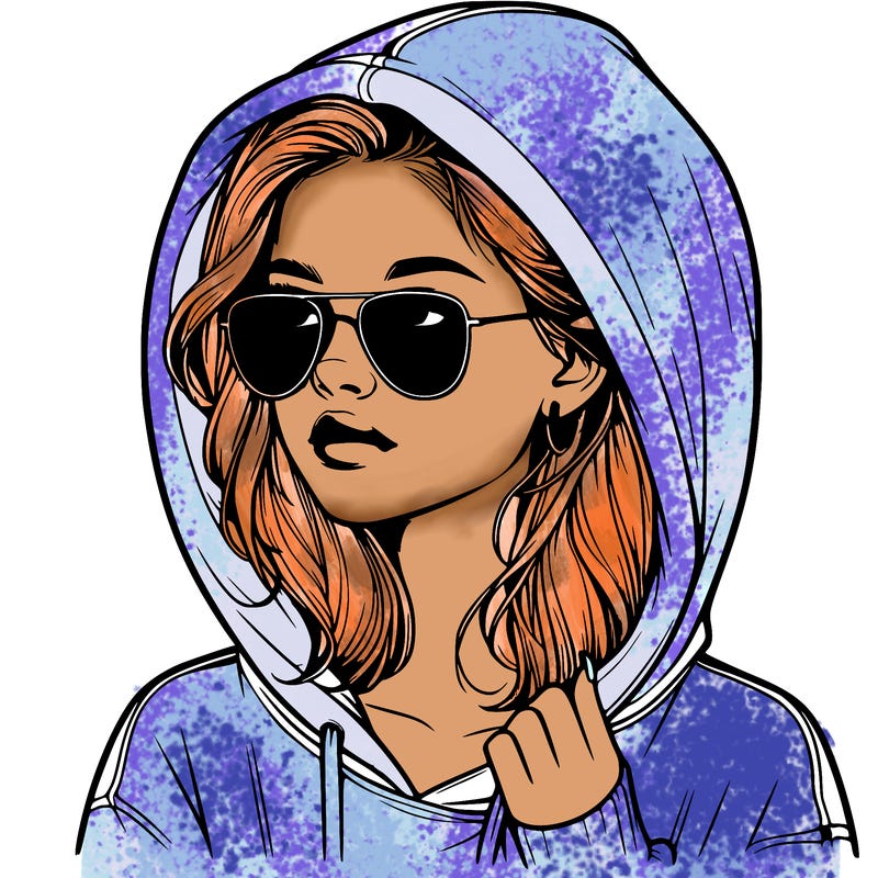 realistic teenage girl, wearing a hoodie and sunglasses
