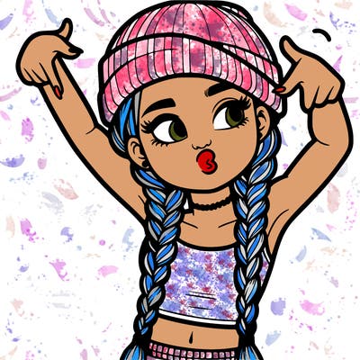 realistic teenage girl with braids and a beanie and crop top doing 🫶🏼
