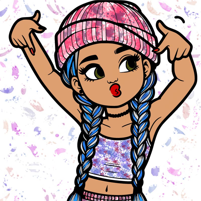 realistic teenage girl with braids and a beanie and crop top doing 🫶🏼