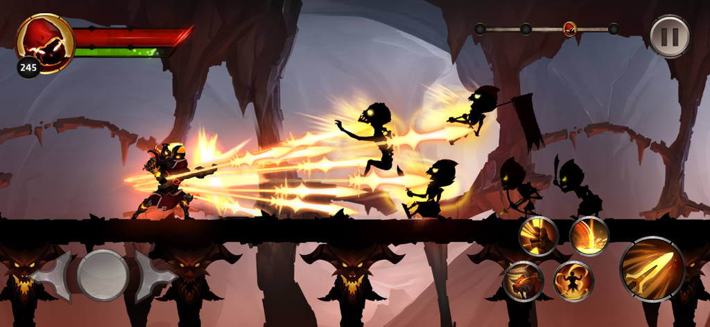 Um herói lutador de sombra usando ataques de luz poderosos contra monstros em Stickman Legends