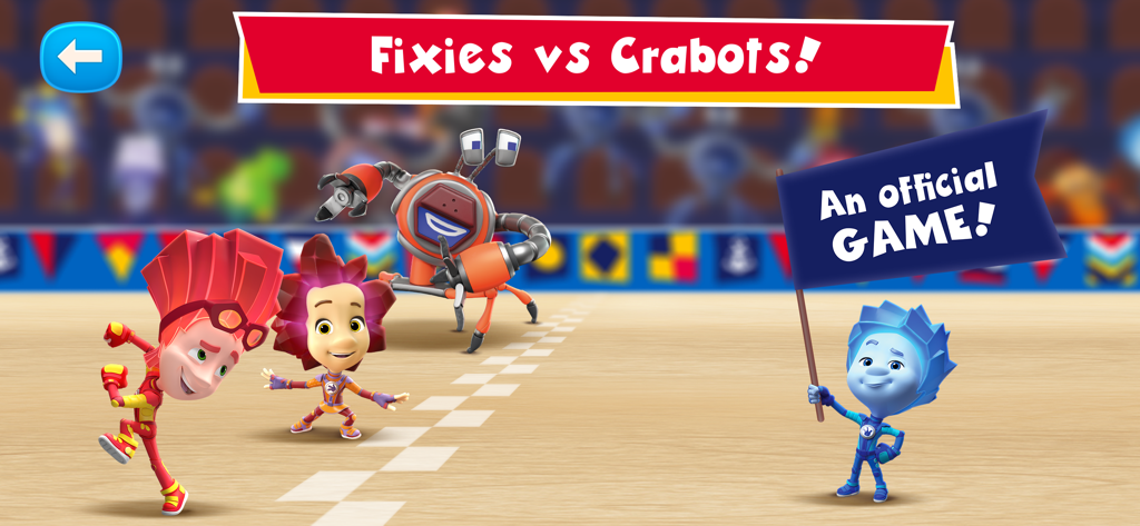 Characters from the Fixies vs Crabots official mobile game standing on a race track.