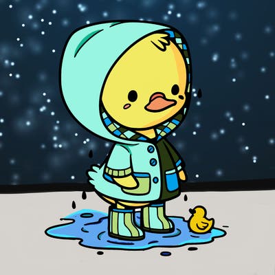 baby duck in a rain coat and boots, in a puddle while it’s raining