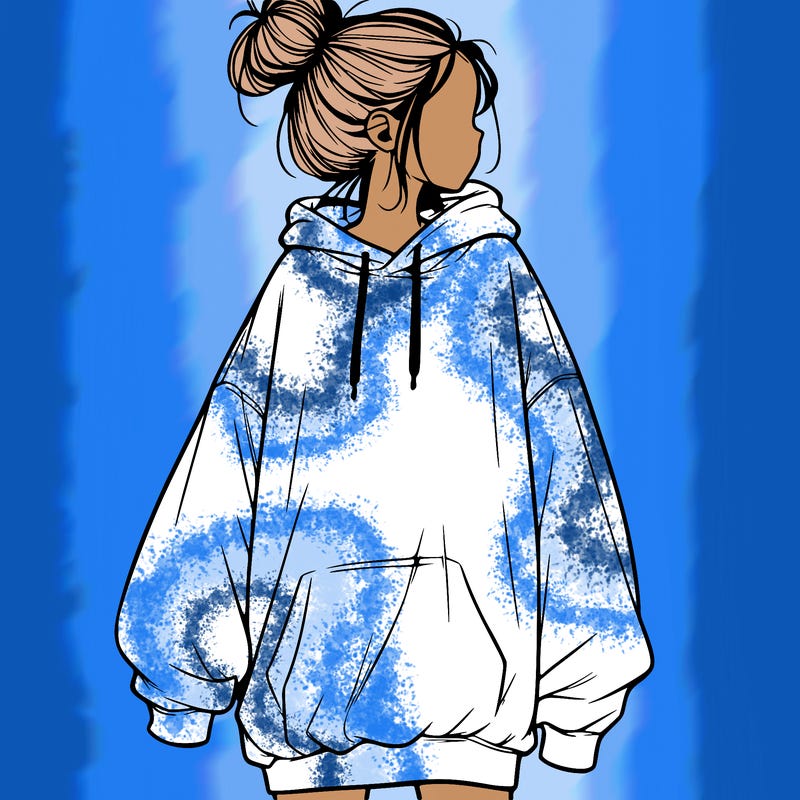 realistic girl with a oversized sweatshirt on and a bun