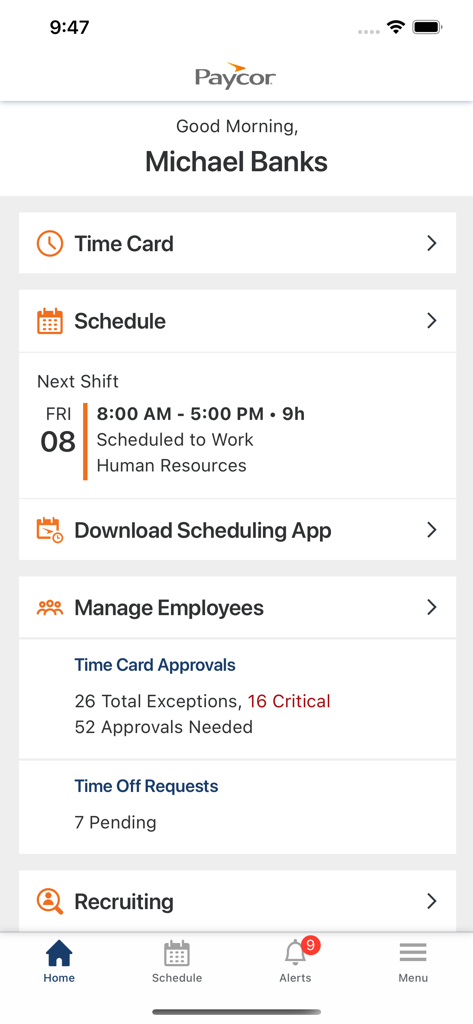 Paycor Mobile home screen showing a manager dashboard with employee management and time card approvals